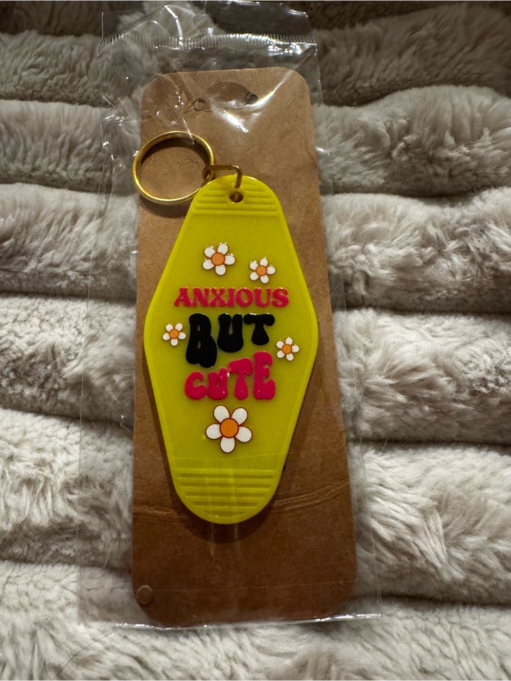 Yellow "Anxious But Cute" Hotel Keychain with Gold Ring